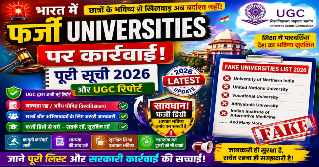 भारत में फर्जी Universities पर कार्रवाई 2026 से जुड़ी रंगीन जानकारीपूर्ण इमेज, जिसमें UGC रिपोर्ट, नकली Universities की सूची, कानूनी कार्रवाई, चेतावनी संकेत और छात्रों को सतर्क रहने का संदेश दिखाया गया है।