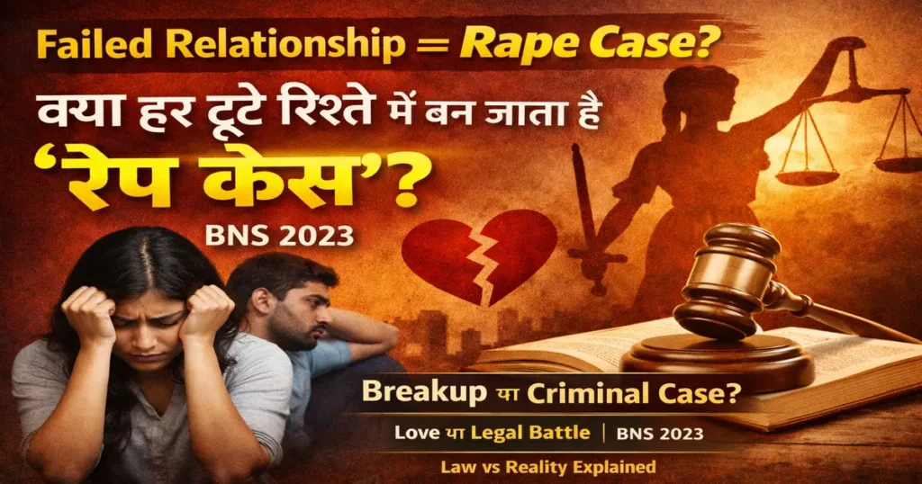 Failed romantic relationship illustration with question whether breakup can lead to a rape case under BNS 2023, showing distressed couple, broken heart and law symbols like gavel and Lady Justice.