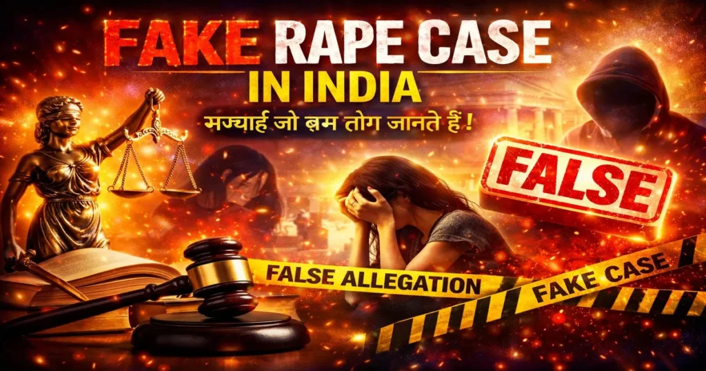 Fake rape case in India concept thumbnail showing bold Hindi text “सच्चाई जो कम लोग जानते हैं” with Law vs Reality theme, justice symbol, and false allegation warning visuals