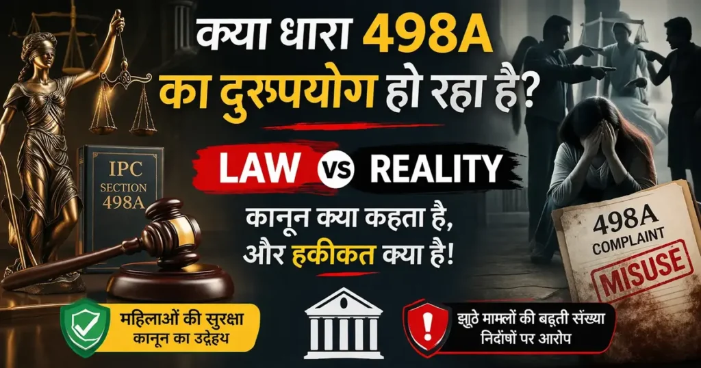 धारा 498A के दुरुपयोग पर आधारित ग्राफिक जिसमें Law vs Reality दिखाया गया है, एक तरफ न्याय का प्रतीक और दूसरी तरफ 498A misuse की स्थिति दर्शाई गई है