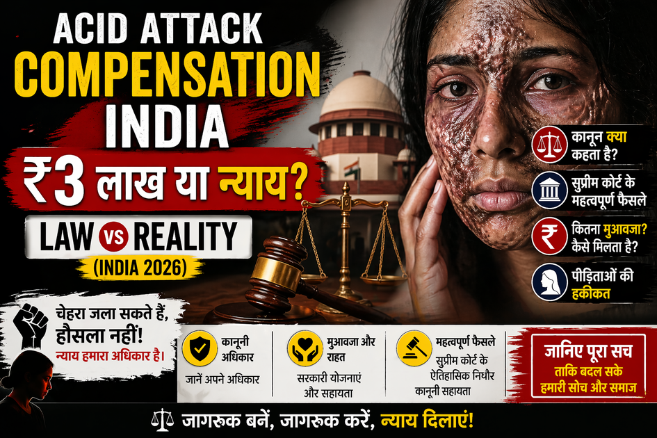 Acid attack compensation India showing ₹3 lakh compensation debate, Supreme Court law, victim justice and legal reality in 2026