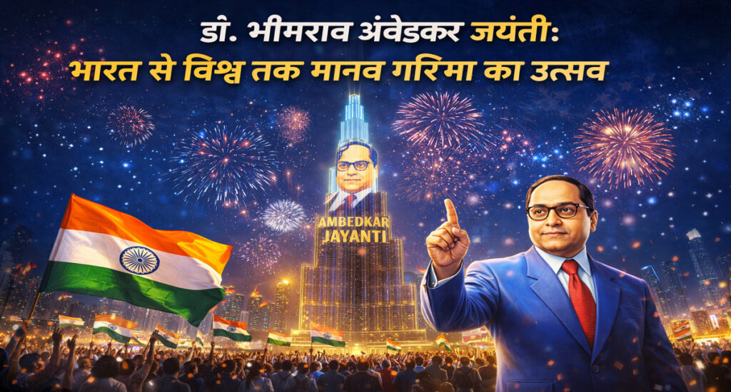 Dr. B. R. Ambedkar जयंती पर दुबई के बुर्ज खलीफा पर लाइट शो, जिसमें डॉ. अंबेडकर की छवि, आतिशबाजी और भारतीय झंडा दिखाई दे रहा है, मानव गरिमा और मानव अधिकारों का वैश्विक उत्सव दर्शाता हुआ।