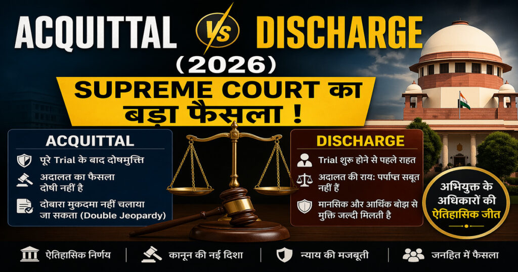 Acquittal vs Discharge हिंदी गाइड 2026, सुप्रीम कोर्ट और BNSS 2023 के प्रावधानों सहित
