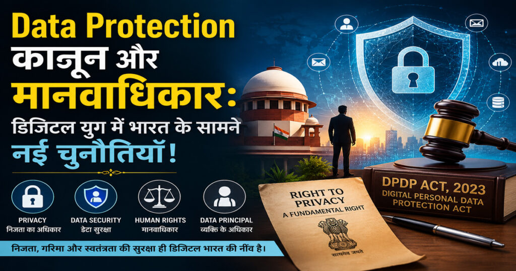 भारत के सर्वोच्च न्यायालय, डिजिटल सुरक्षा शील्ड, ताला, न्यायाधीश की हथौड़ी और DPDP Act, 2023 की पुस्तक दर्शाती आकर्षक छवि, जो Data Protection, निजता के अधिकार और मानवाधिकारों के संबंध को दर्शाती है।