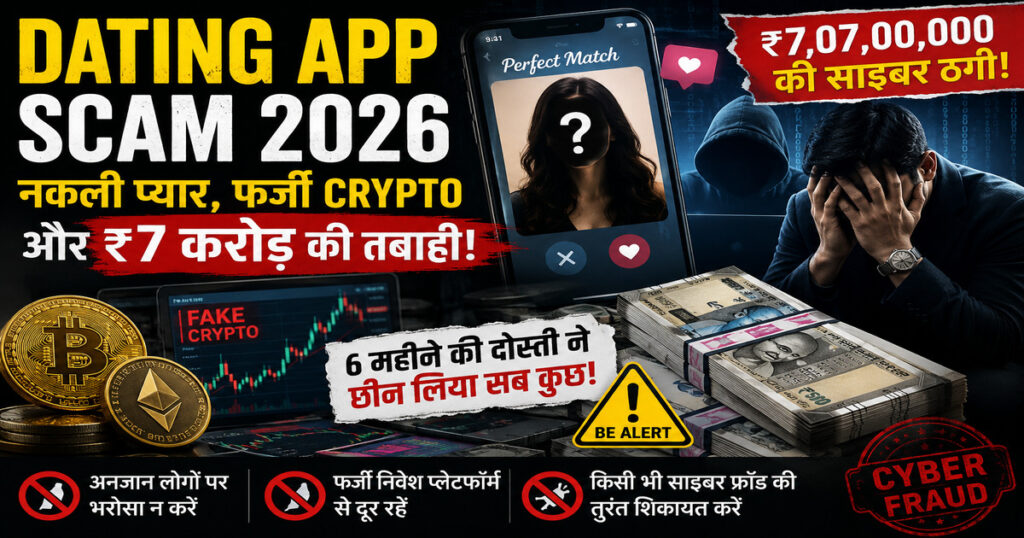 Dating App Scam 2026 पर आधारित रंगीन साइबर क्राइम जागरूकता पोस्टर, जिसमें नकली Dating App प्रोफाइल, फर्जी Crypto Investment, Hacker, परेशान व्यवसायी, ₹7 करोड़ की ठगी, Bitcoin प्रतीक और Cyber Fraud चेतावनी दिखाई गई है।