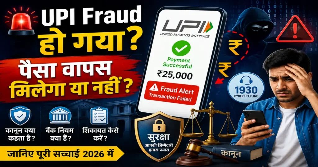 UPI Fraud में पैसा वापस मिलता है या नहीं 2026, डिजिटल भुगतान धोखाधड़ी, साइबर अपराध, 1930 हेल्पलाइन, बैंक शिकायत प्रक्रिया और धन वापसी के कानूनी विकल्पों को दर्शाता इन्फोग्राफिक।