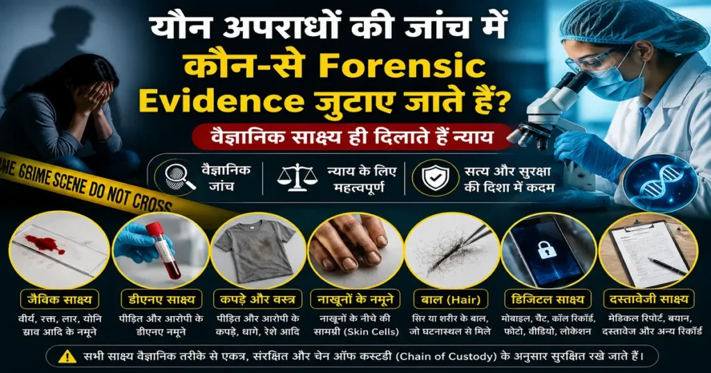 यौन अपराधों की फोरेंसिक जांच में जुटाए जाने वाले Forensic Evidence जैसे जैविक साक्ष्य, डीएनए, कपड़े, बाल, नाखून, डिजिटल साक्ष्य और दस्तावेजी साक्ष्यों को दर्शाता इन्फोग्राफिक।