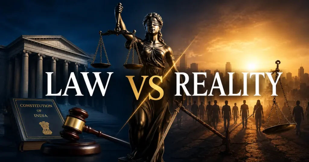 Law Vs Reality homepage banner featuring Lady Justice, the Constitution of India, courthouse, and the message "Where Law Meets Reality" representing legal analysis, constitutional values, justice, and public legal awareness.